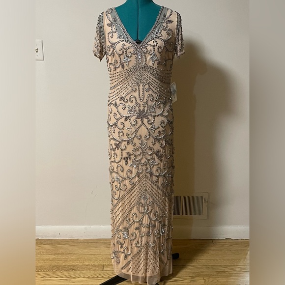 NWT PISARRO NIGHTS Beaded Rose Nude Mesh Longline Dress Red Carpet Evening Gown - Picture 4 of 13